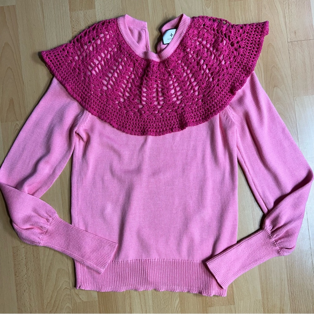 Tuckernuck Pink Crew Neck Sweater with Crochet Detail